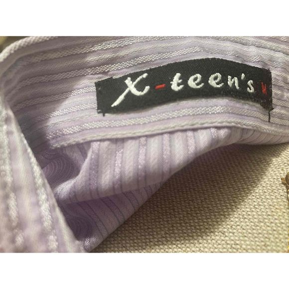 X-teen’s Shirt Women Sz M Purple Button Up Short Cap Sleeve Pin Stripe Nice Cut - Picture 3 of 12